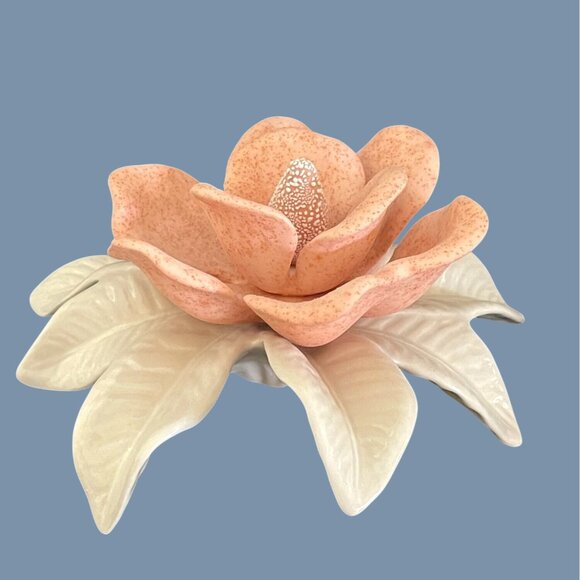 Jamar Mallory SIGNED Ceramic Art Floral Sculpture Peach Cream Magnolia Flower - Picture 4 of 8